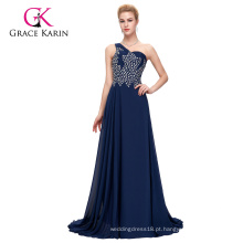 Grace Karin One Shoulder Heavy Beaded Chiffon Navy Blue Long Prom Dress CL4506-2